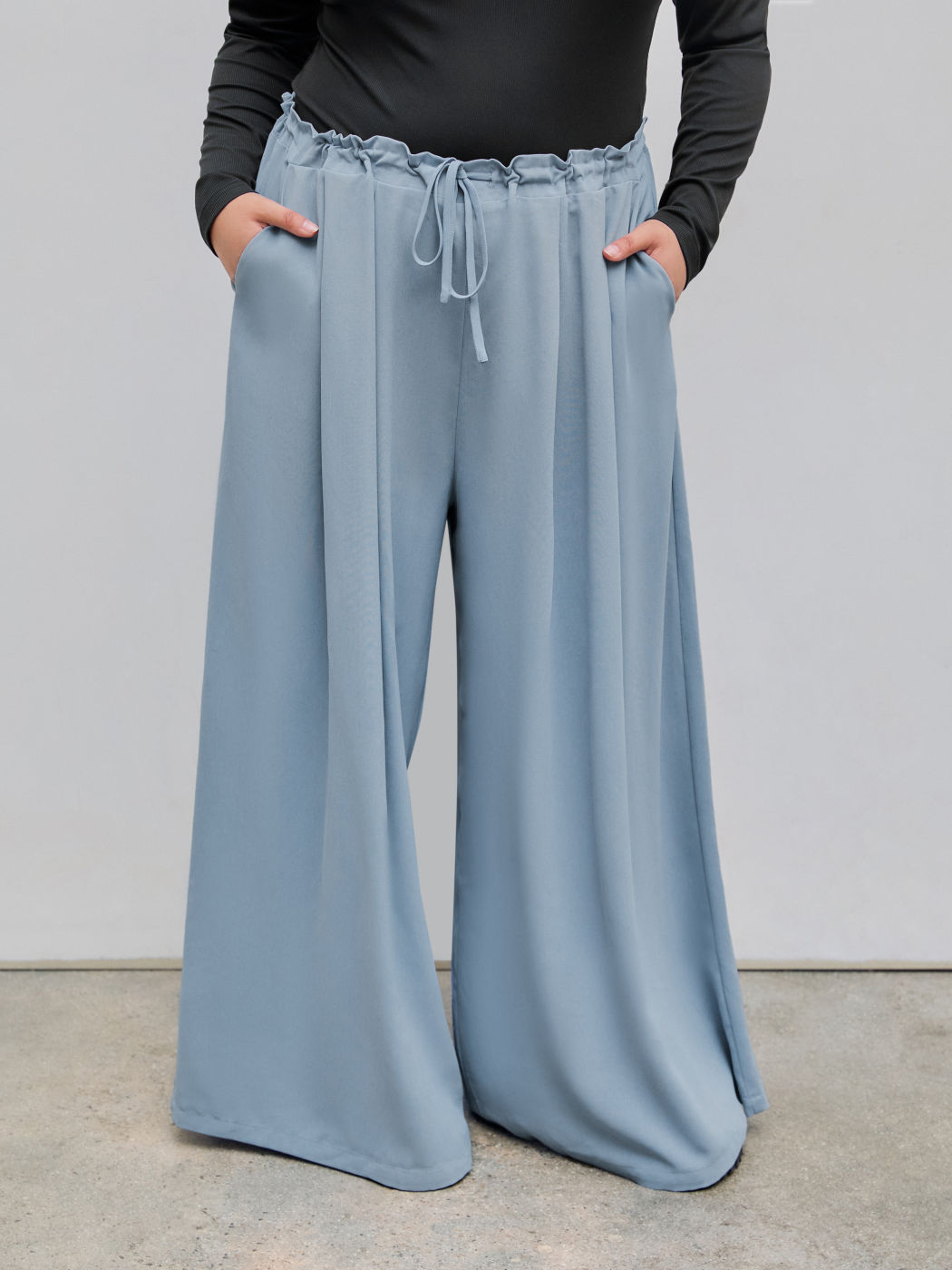 Mid Waist Drawstring Wide Leg Trousers Curve & Plus
