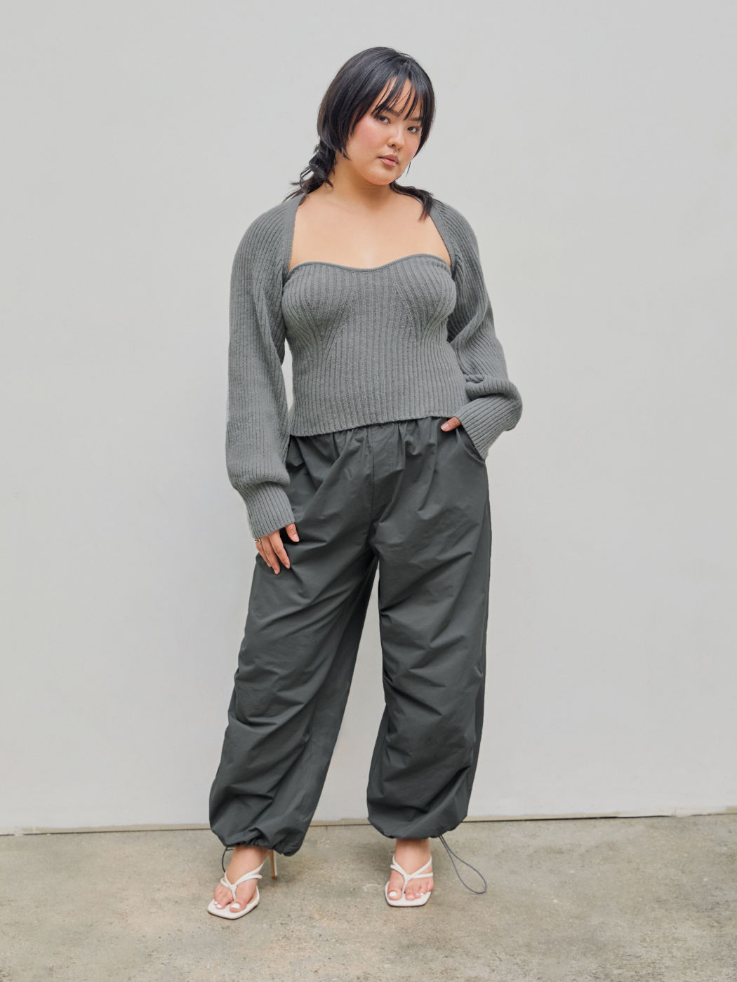 Two-Piece Rib Knit Long Sleeve Crop Top With Shrug Curve & Plus