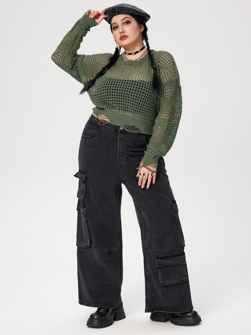 Denim Solid Pocket Cargo Jeans Curve & Plus