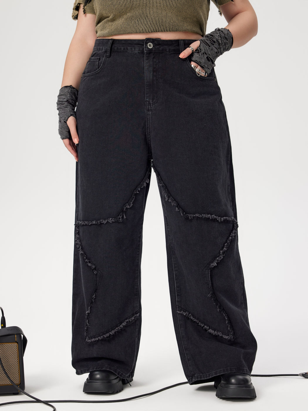 Denim High Waist Star Pocket Wide Leg Jeans Curve & Plus