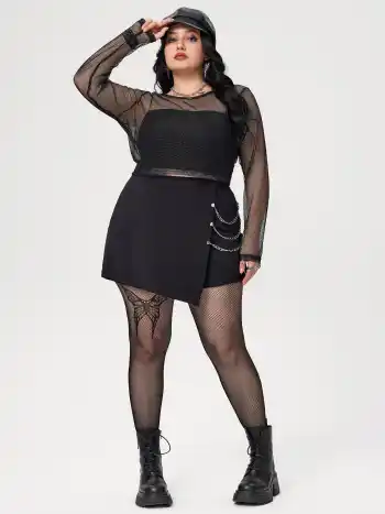 High Waist Solid Skort With Chain Curve & Plus