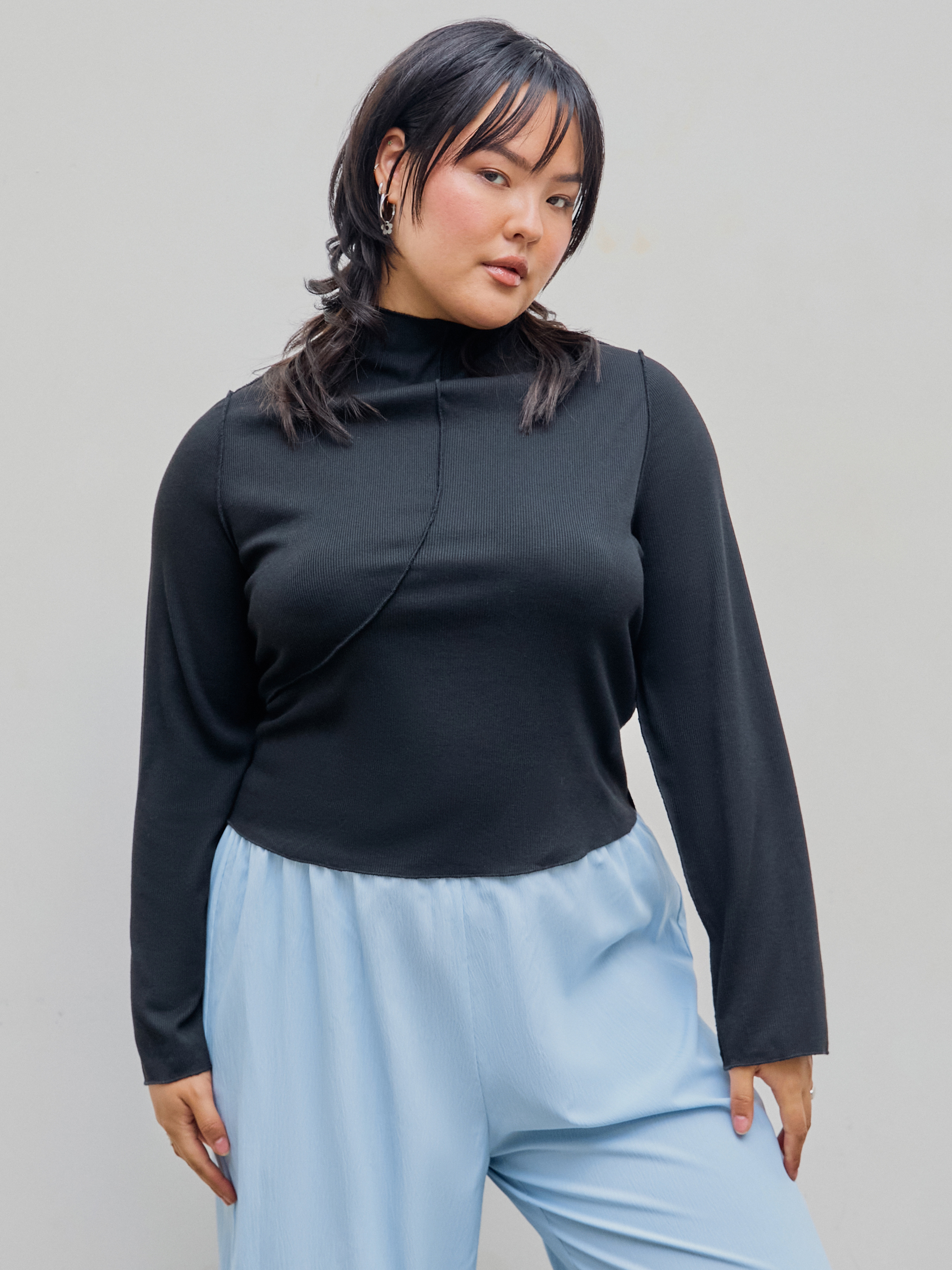 Knit Fabric High Neck Long Sleeve Tee Curve And Plus For Daily Casual 
