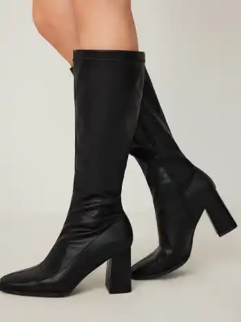 Botas clásicas de cuero sintético de tacón grueso hasta la rodilla