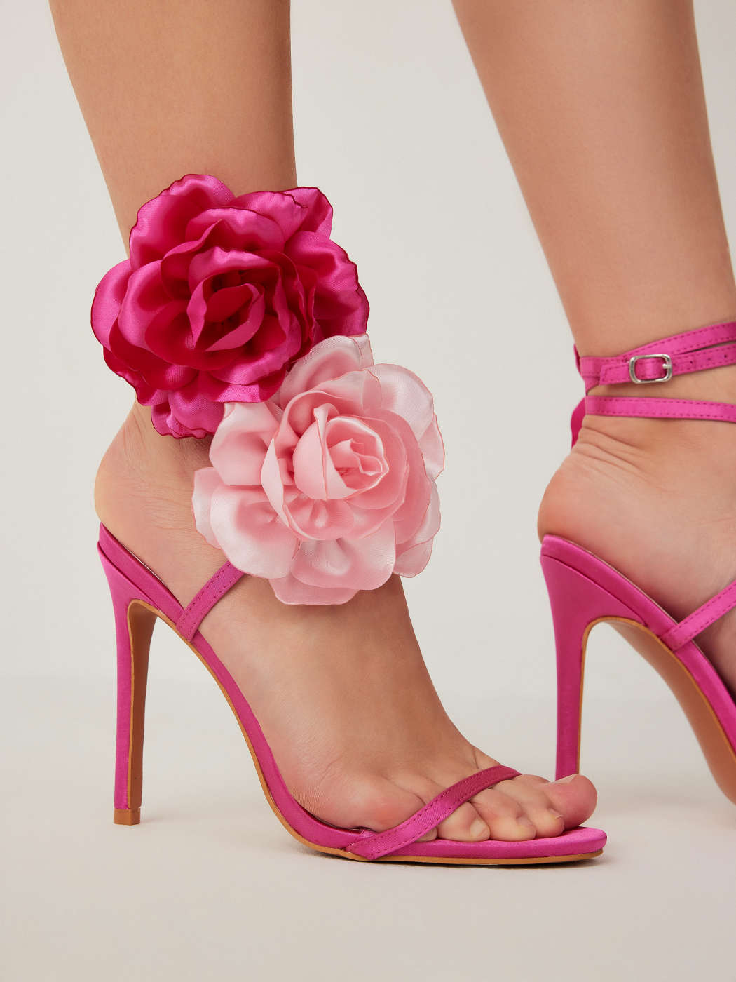 Satin Flower Ankle Strap Heels
