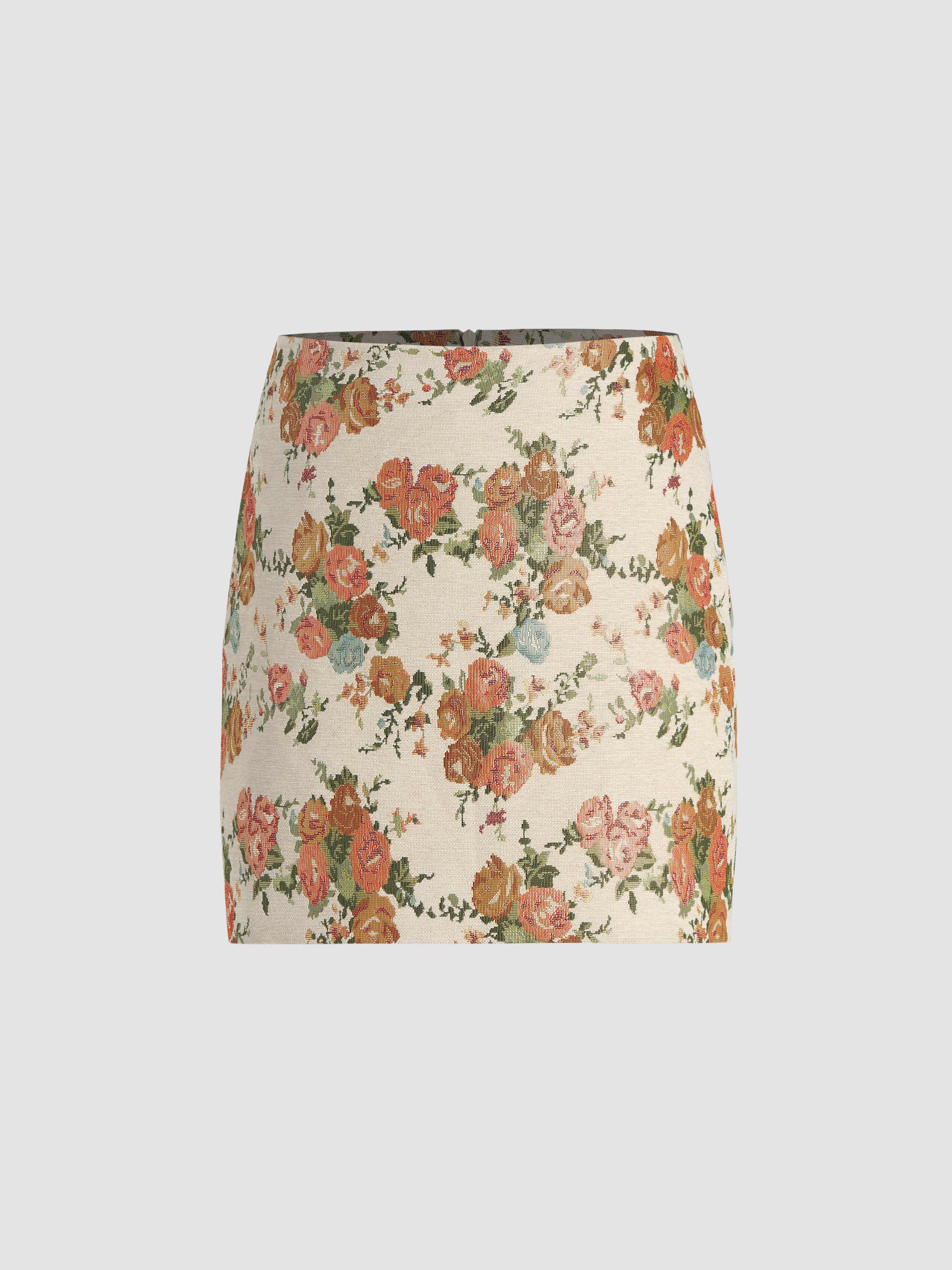 Jacquard Mid Waist Floral Zip Mini Skirt For Daily Casual