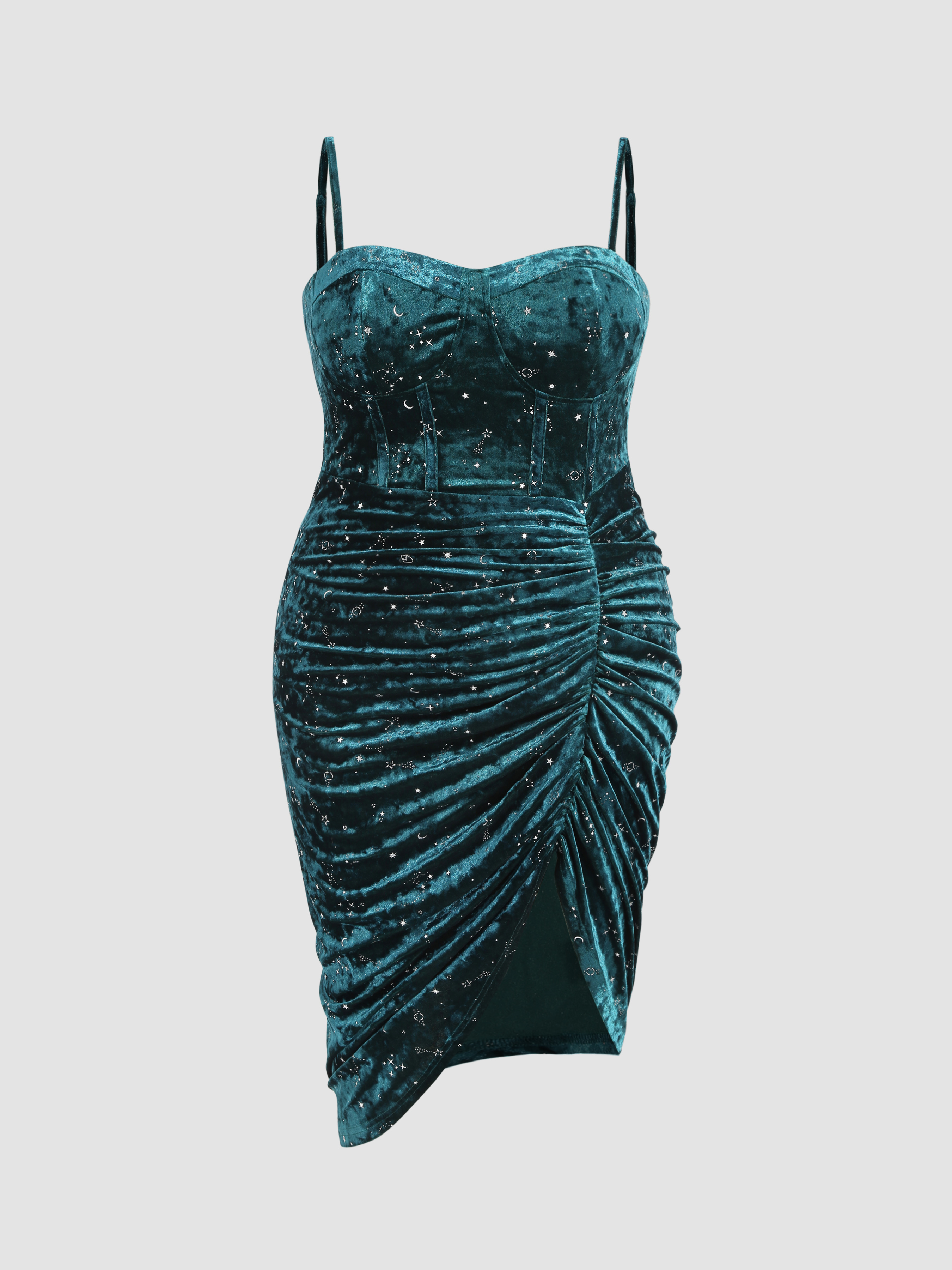 福袋 セール Velvet Dress Midi Ruched Pattern Moon & Star Neck Square ワンピース