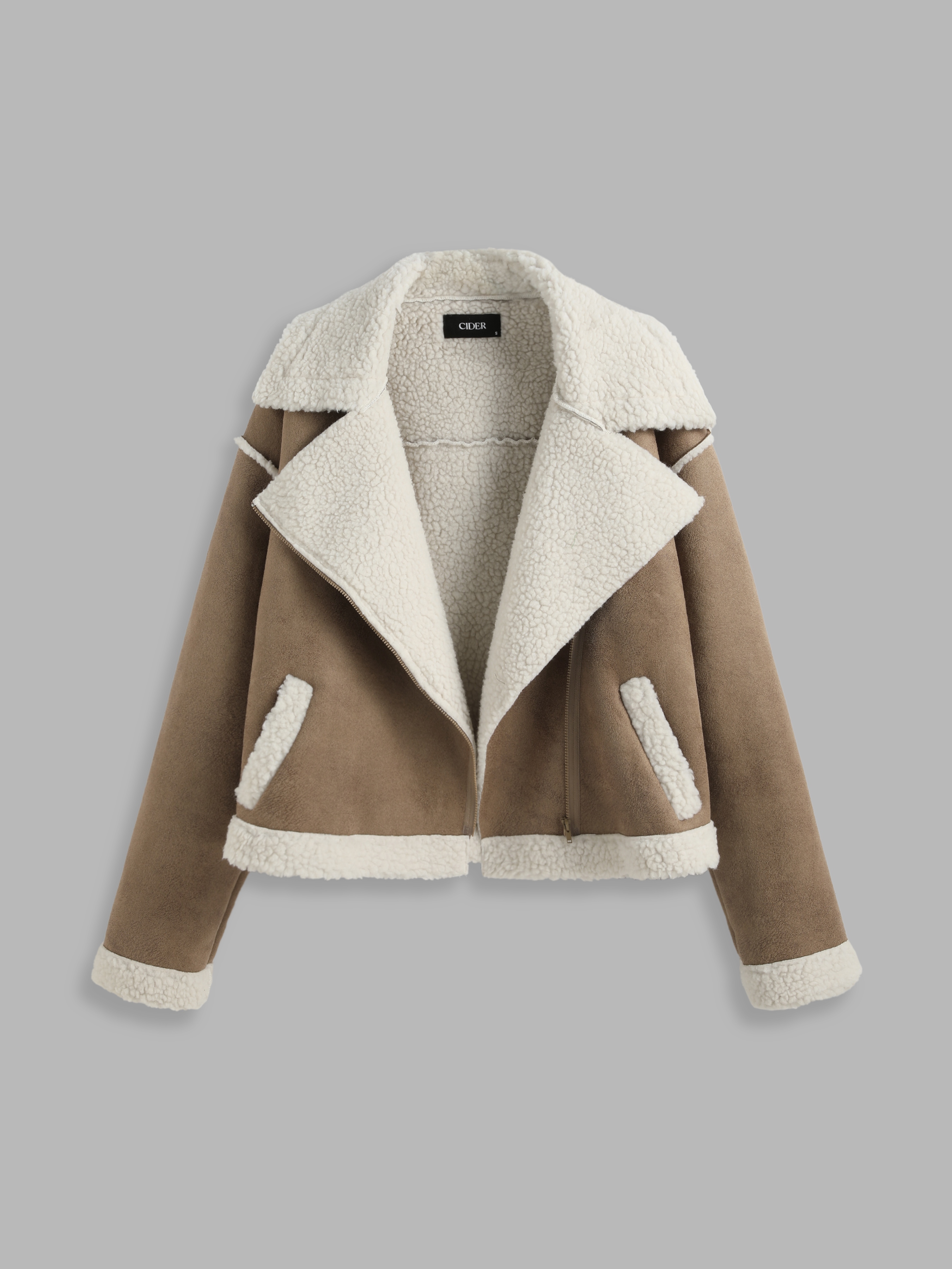 Faux Shearling Solid Contrasting Collar Jacket - Cider
