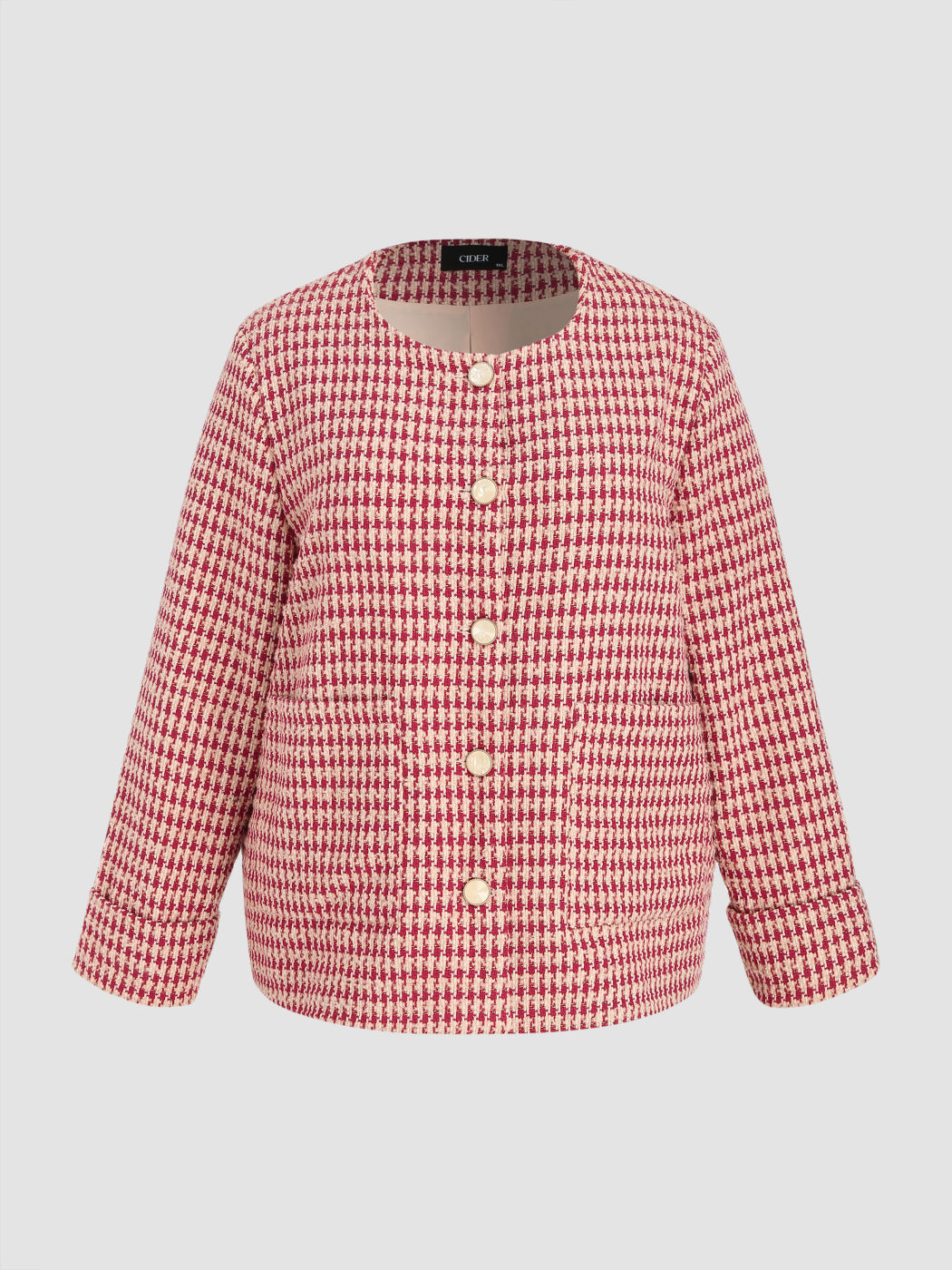  Tweed Rundhalsausschnitt Knopf Hahnentritt Blazer Kurve & Plus