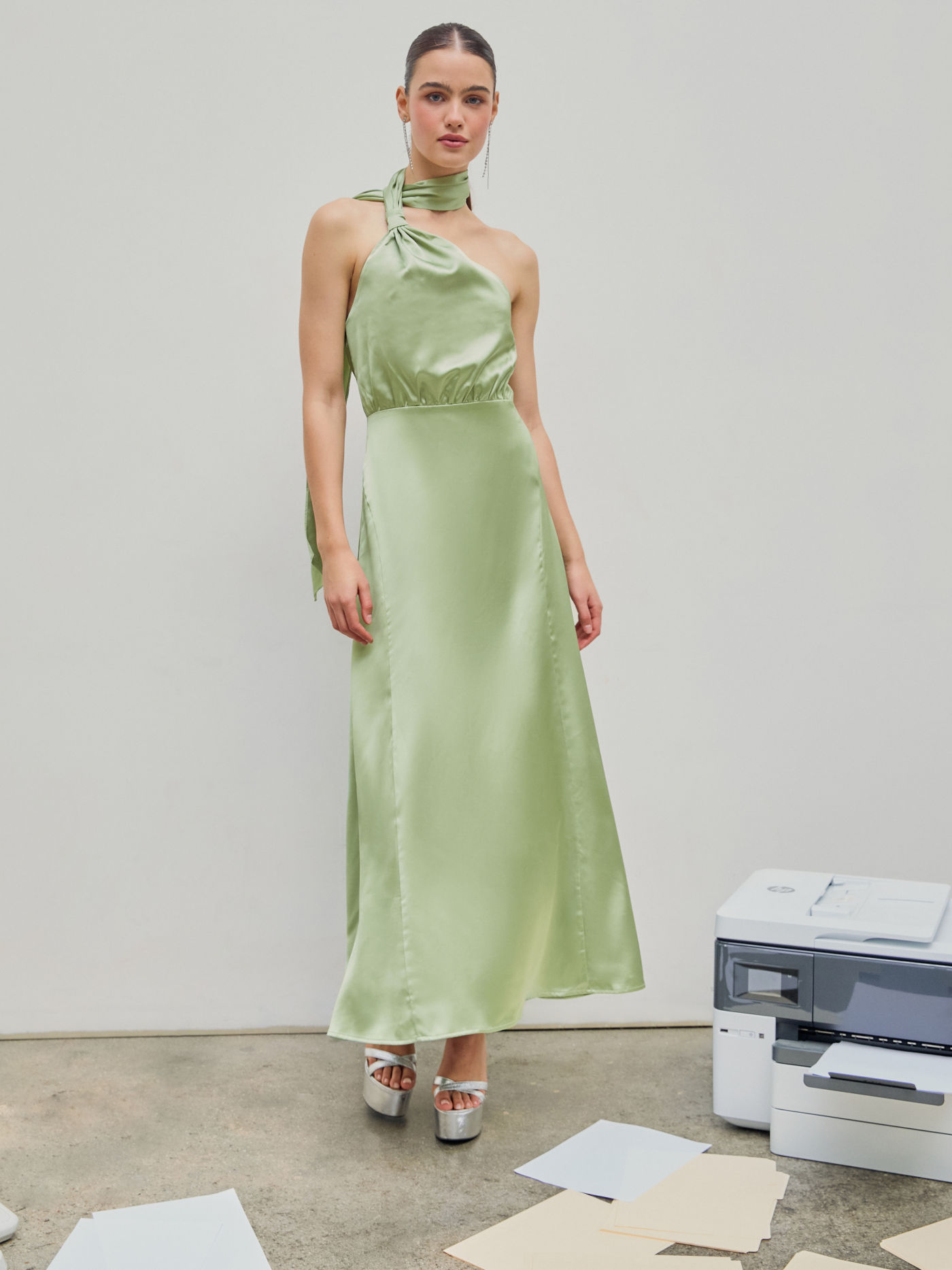 Satin Halter Neckline Backless Maxi Dress