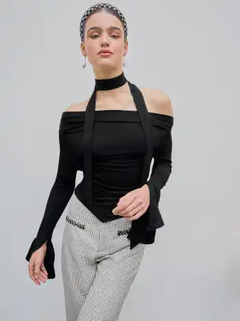 Off-shoulder Ruched Bell Sleeve Top