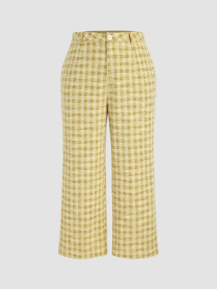 Tweed Middle Waist Check Pocket Wool-blend Straight Leg Trousers