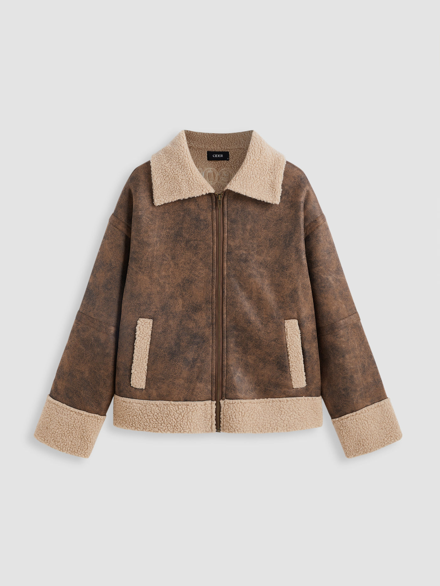 Faux Shearling Collar Cat Meow Zipper Shacket