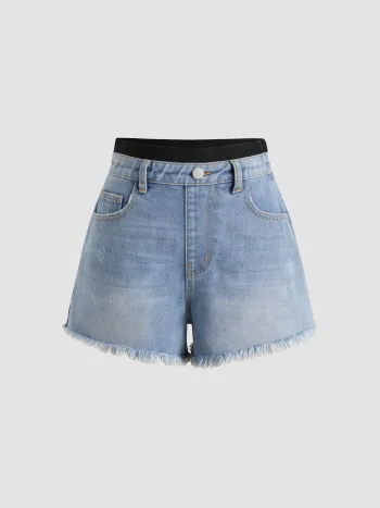  Mittlere Taille Solid Knopf Weites Bein Jeans Shorts