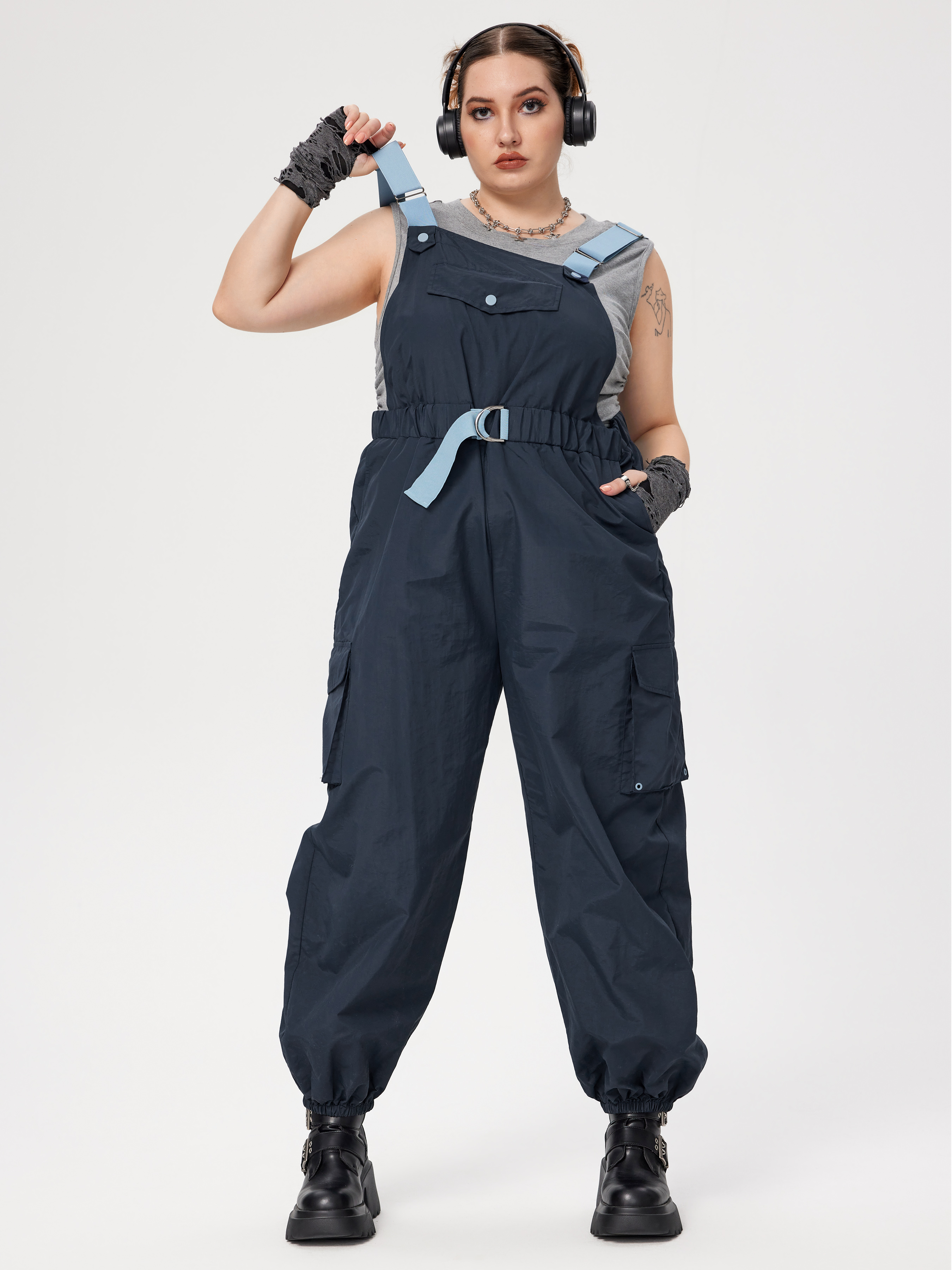 Pocket Contrast Binding Belted Jumpsuit Curve & Plus Cider