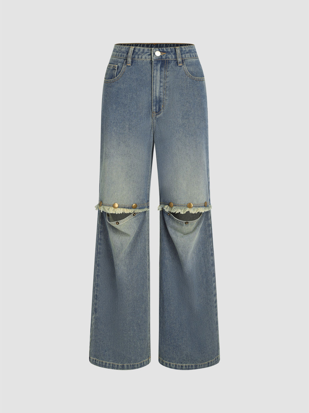 Denim Low Waist Cut Out Button Wide Leg Jeans