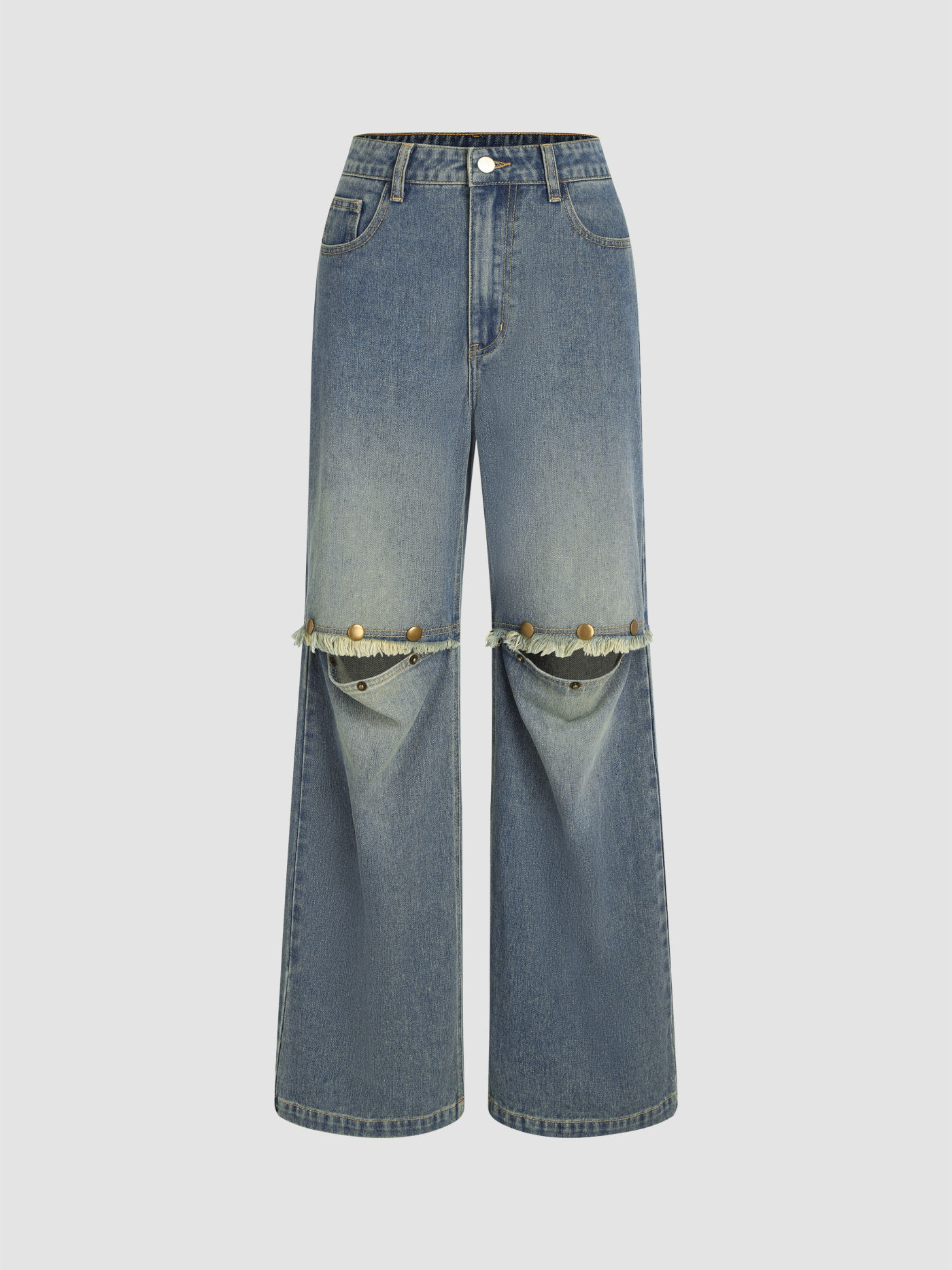 Jeans Denim Taille Basse Découpé Bouton Jambe Large