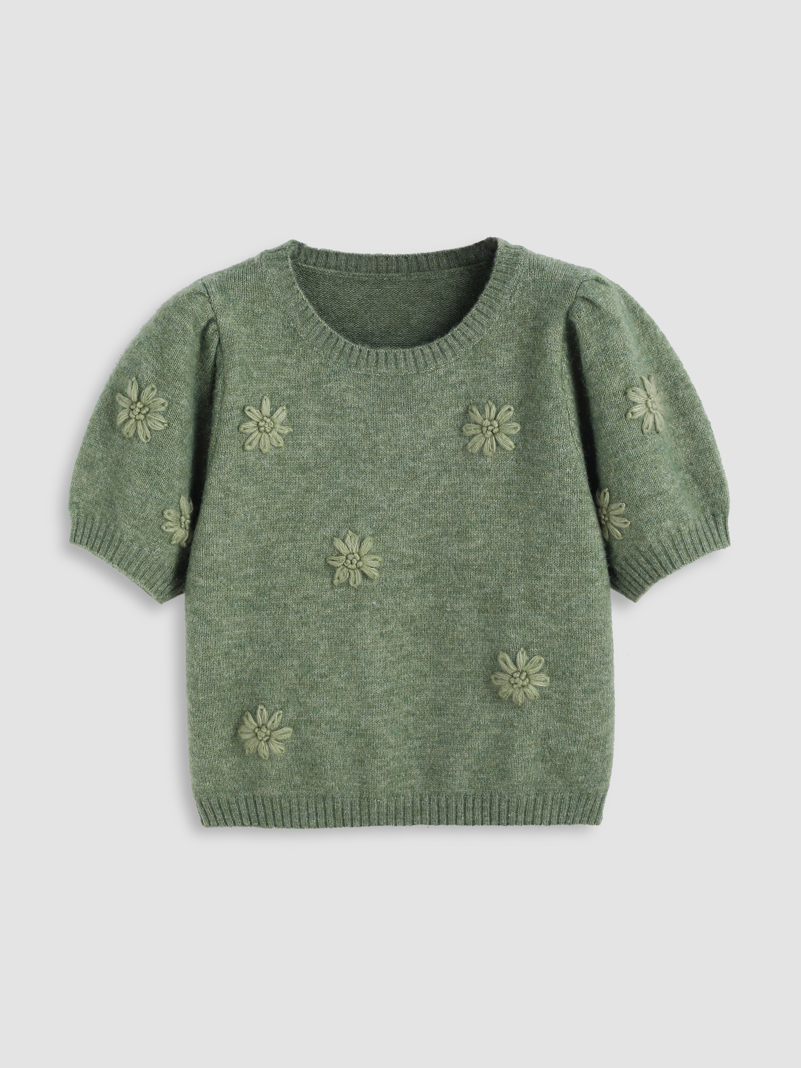 Wool-blend Round Neck Flower Knitted Short Sleeve Top Curve & Plus - Cider