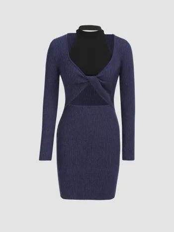  Halfter-Ausschnitt Einfarbiges Geknotetes Strickkleid Kurz