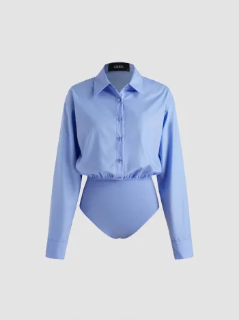 Collar Solid Button Long Sleeve Shirt Bodysuit