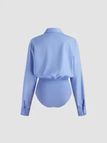Collar Solid Button Long Sleeve Shirt Bodysuit
