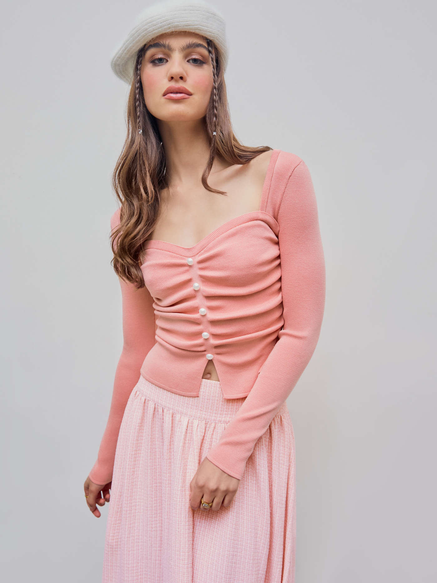 Square Neck Solid Faux Pearl Knitted Long Sleeve Crop Top