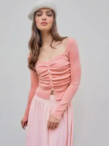 Square Neck Solid Faux Pearl Knitted Long Sleeve Crop Top