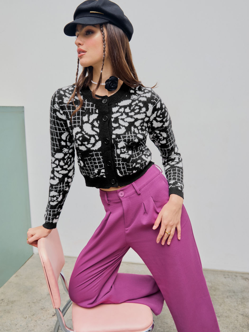 Floral Button Front Round Neck Cardigan
