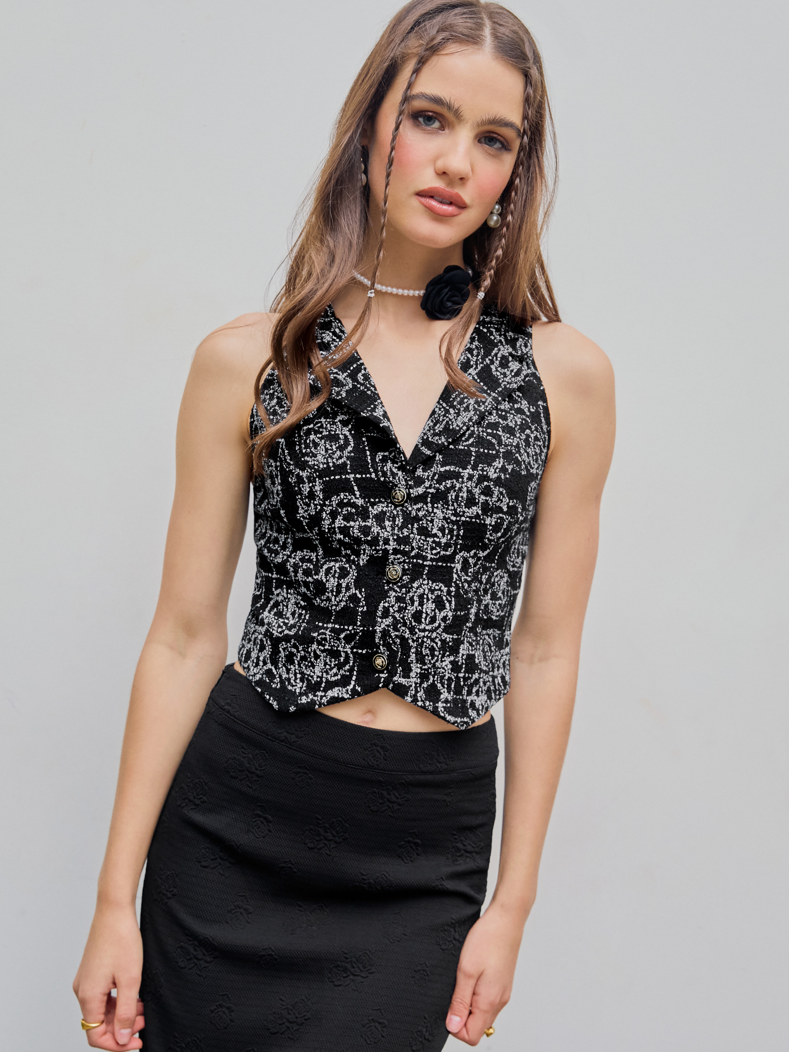 Tweed Collar Flowers Jacket Vest Cider