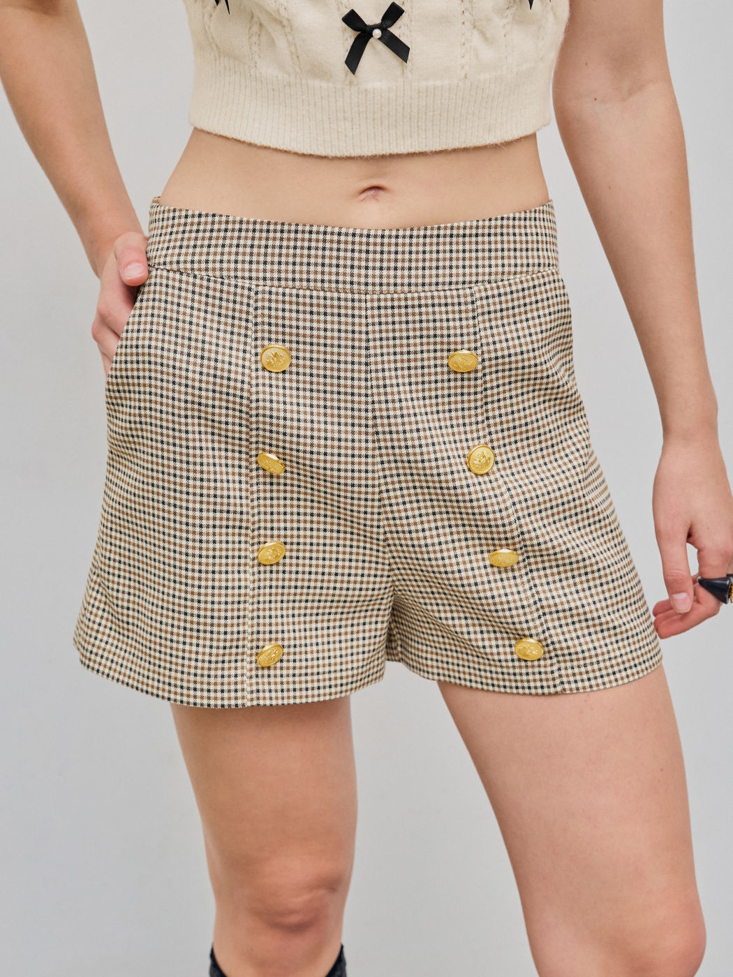 Houndstooth Button High Waist Shorts For Daily Casual Coffee Shop Work