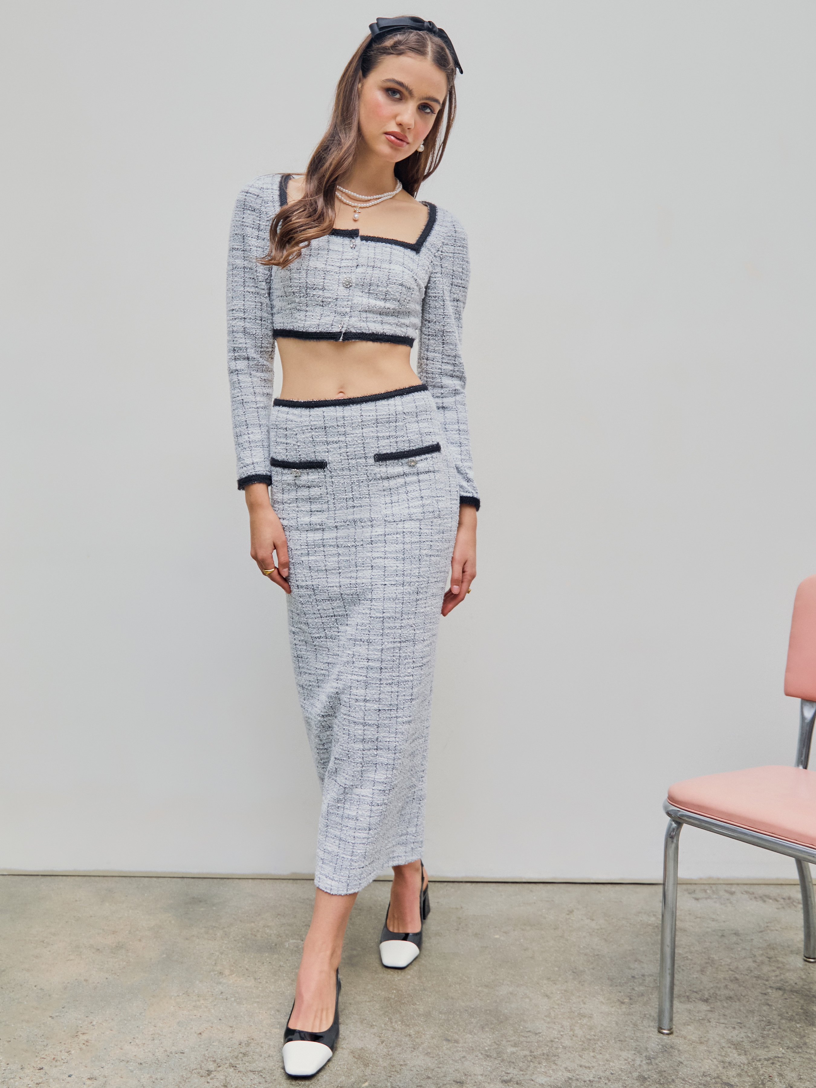 Tweed High Waist Solid Button Maxi Skirt - Cider