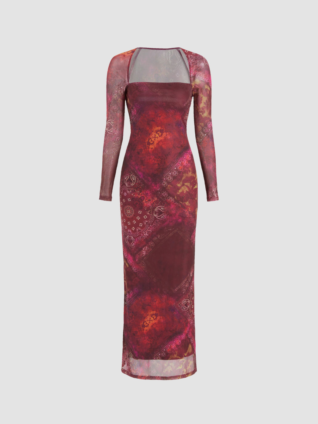 Mesh Square Neck Paisley Split Maxi Dress