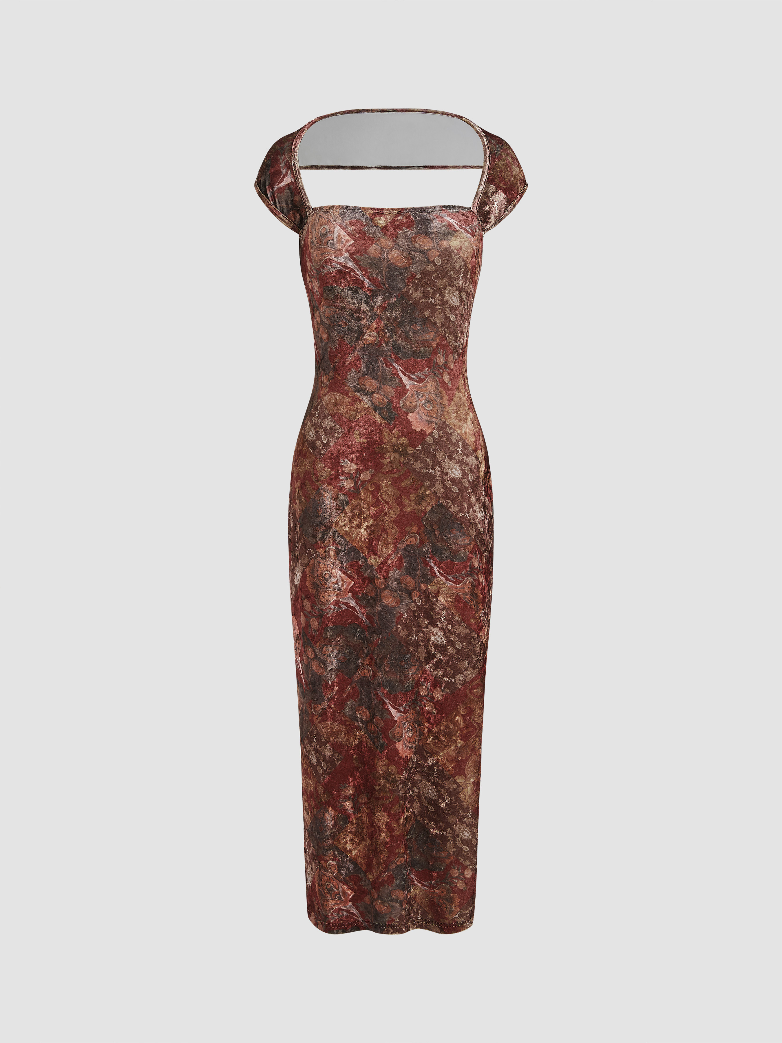 Velvet Square Neck Floral Split Maxi Dress Cider