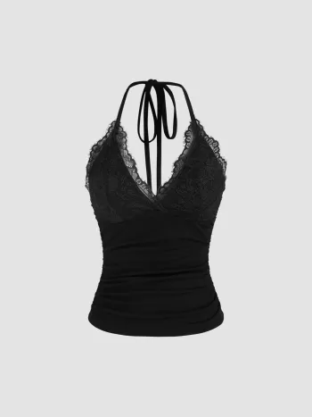 Halter-Ausschnitt, einfarbig, rückenloser Crop Top