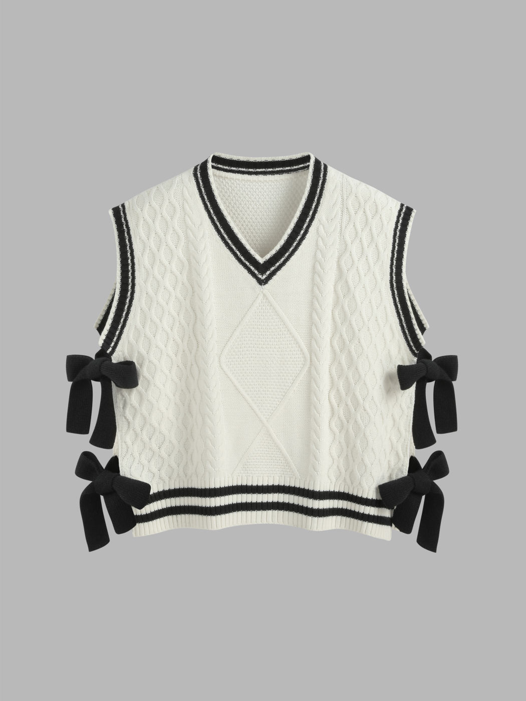V-neck Contrast Binding Bowknot Knitted Vest Curve & Plus