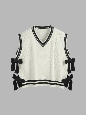 V-neck Contrast Binding Bowknot Knitted Vest Curve & Plus