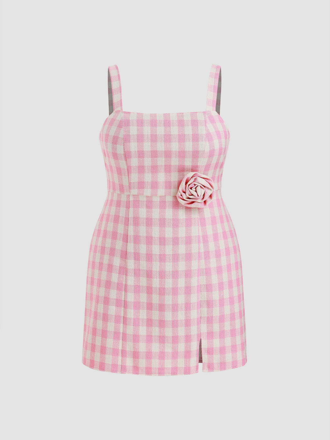 Quadratischer Hals, Rosettenmuster, kariert, geschlitztes Mini-Kleid Kurve & Plus