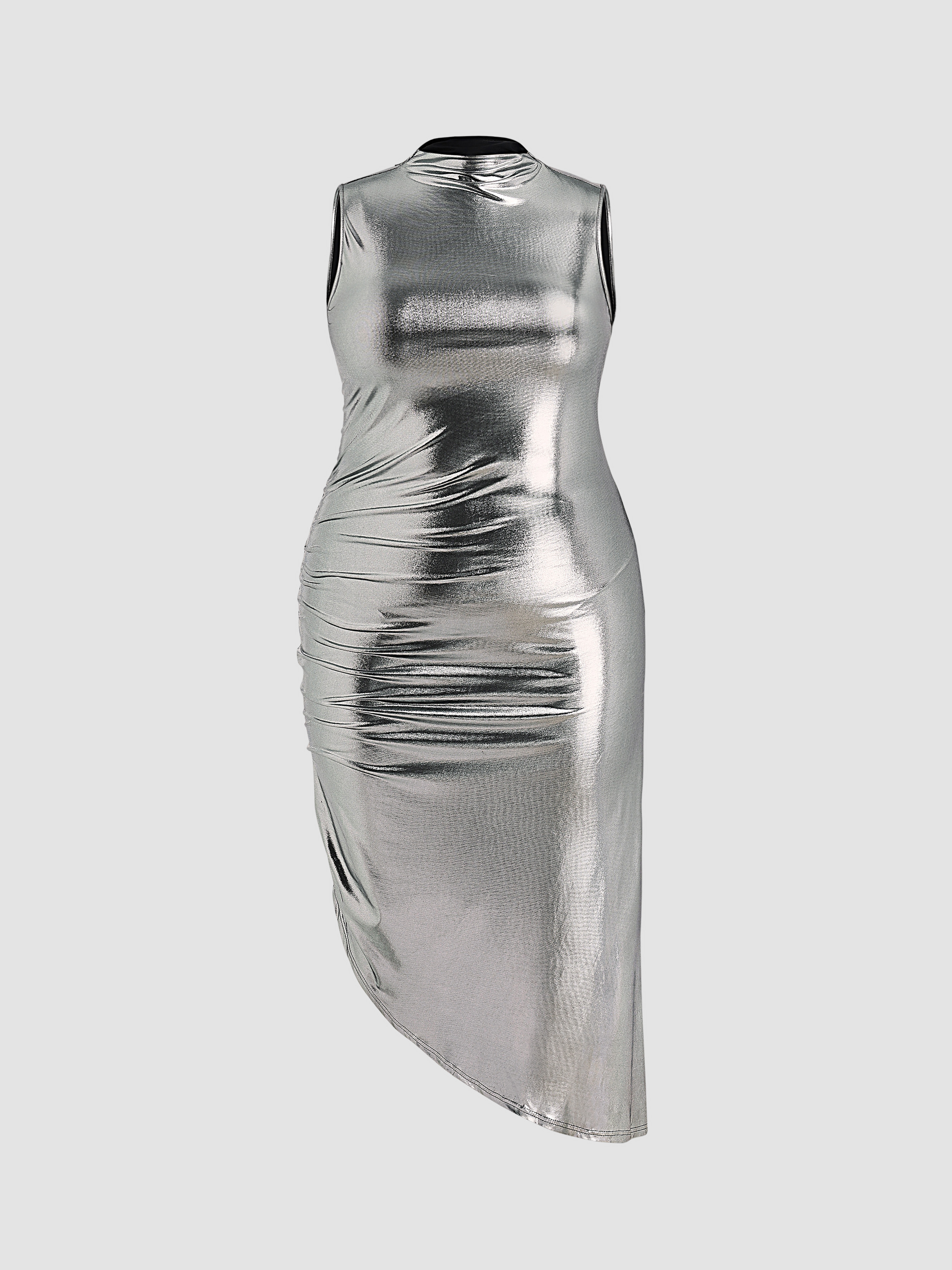 Knit Fabric High Neck Asymmetrical Metallic Ruched Midi Dress Curve ...