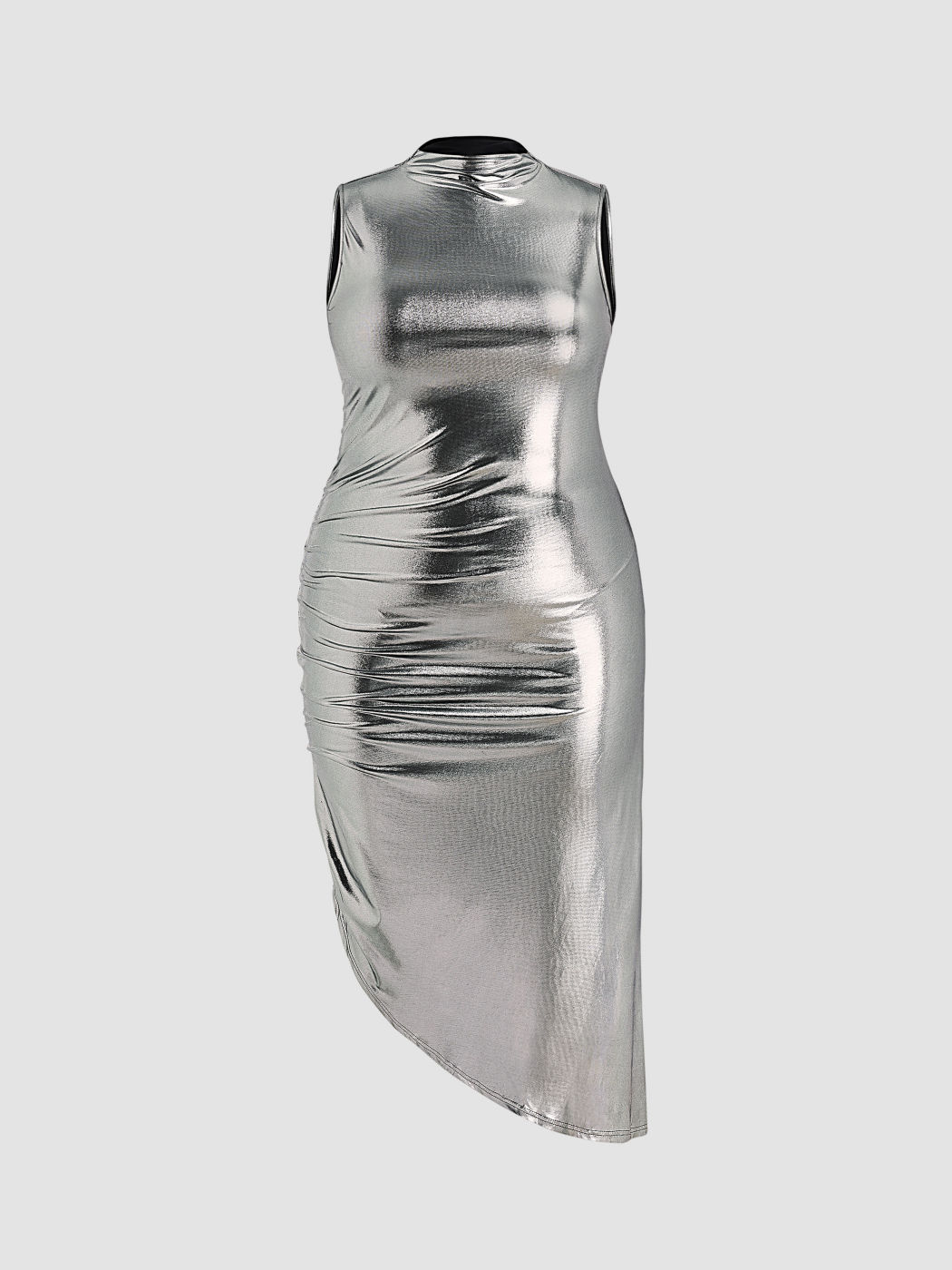 High Neck Asymmetrical Metallic Ruched Midi Dress Curve & Plus - Cider