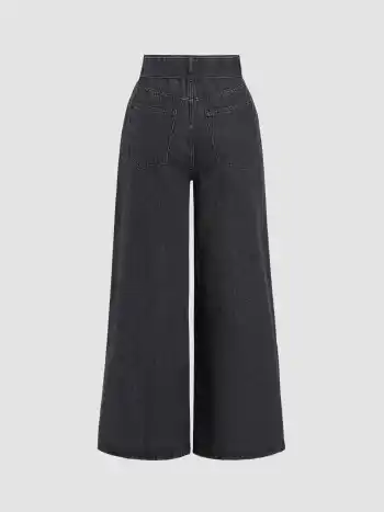 Denim Middle Waist Pocket Wide Leg Jeans