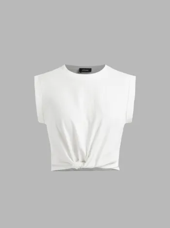 Solid Round Neckline Twist Short Sleeve Crop Top