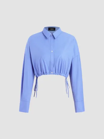 Collar Solid Button Long Sleeve Crop Blouse