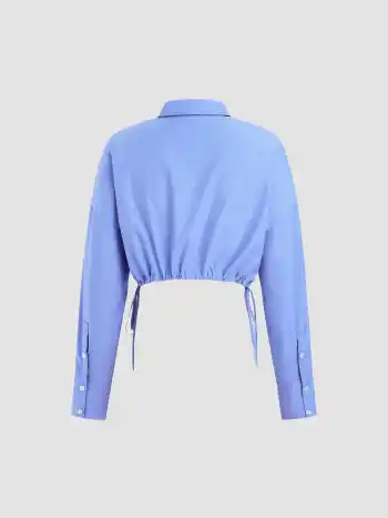 Collar Solid Button Long Sleeve Crop Blouse