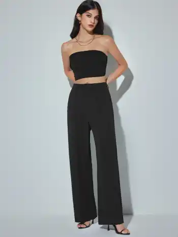 Einfarbiges Shirred Tube-Top & Hochbundhosen-Set