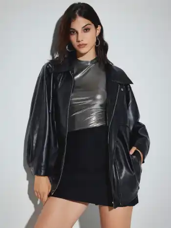 Reißverschluss-Fake-Leder-Utility-Jacke