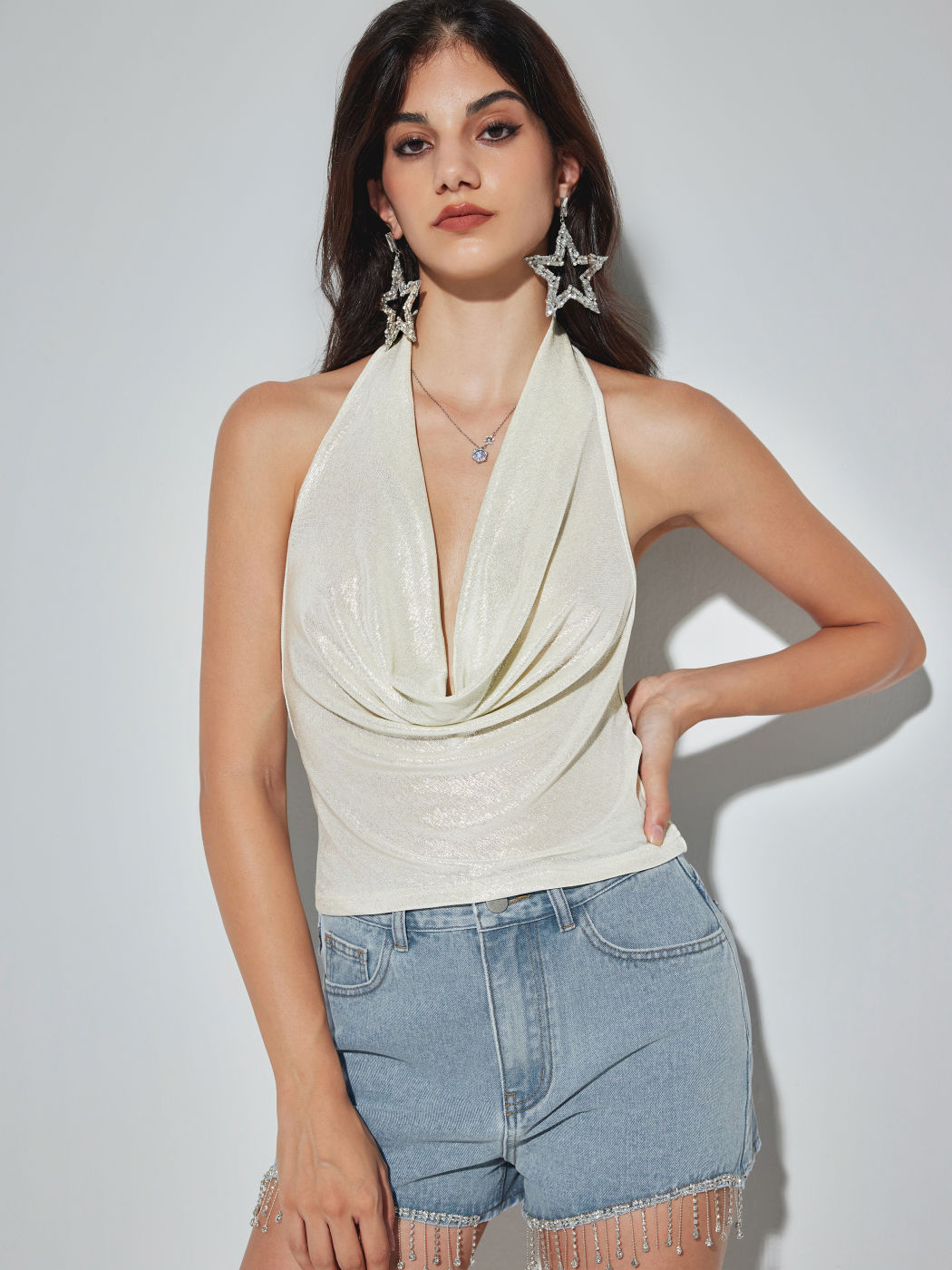 Cowl Neck Backless Crop Top With Solid Tube Top