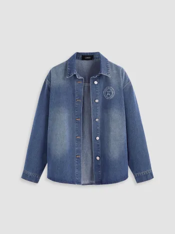 Denim Collar Graphic Button Blouse