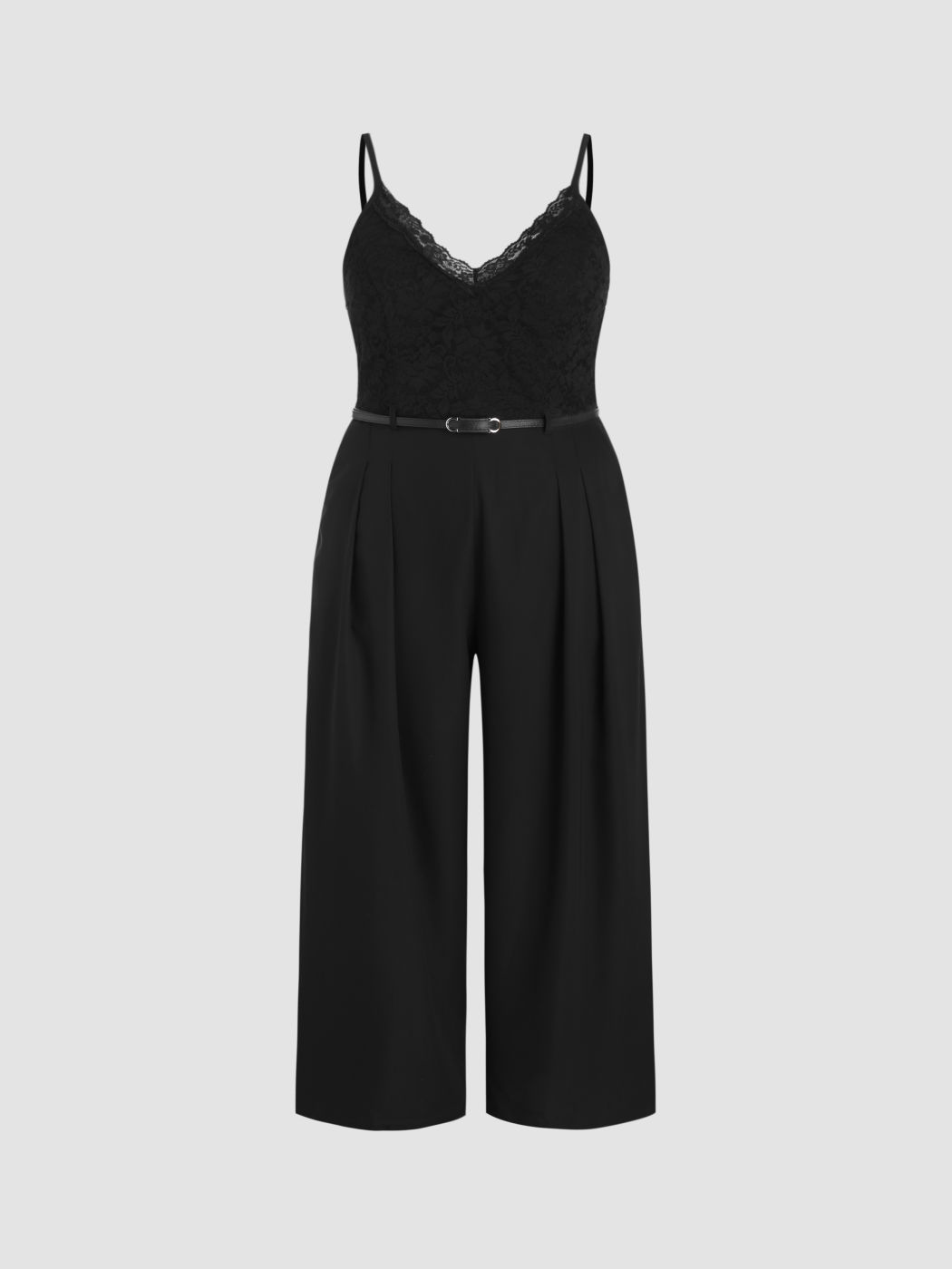  V-Ausschnitt Einfarbiger Spitzen-Jumpsuit mit Reißverschluss und Gürtel Kurve & Plus