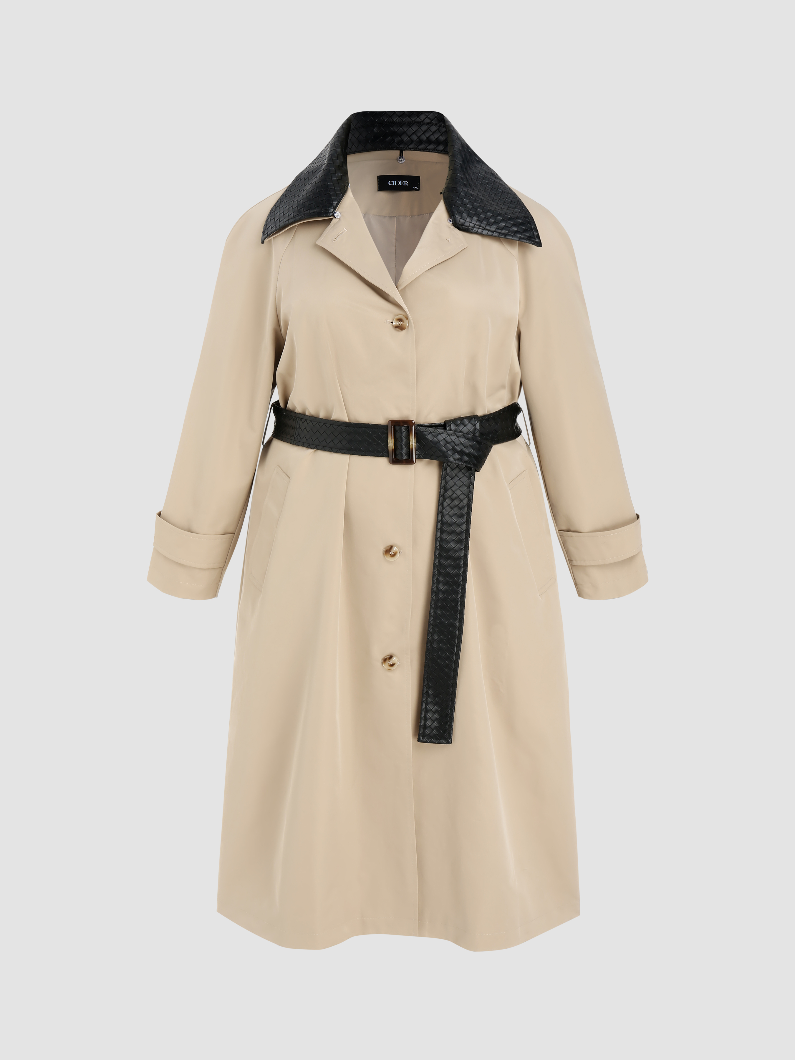 Collar Pocket Button Trench Coat With Belt Curve & Plus
