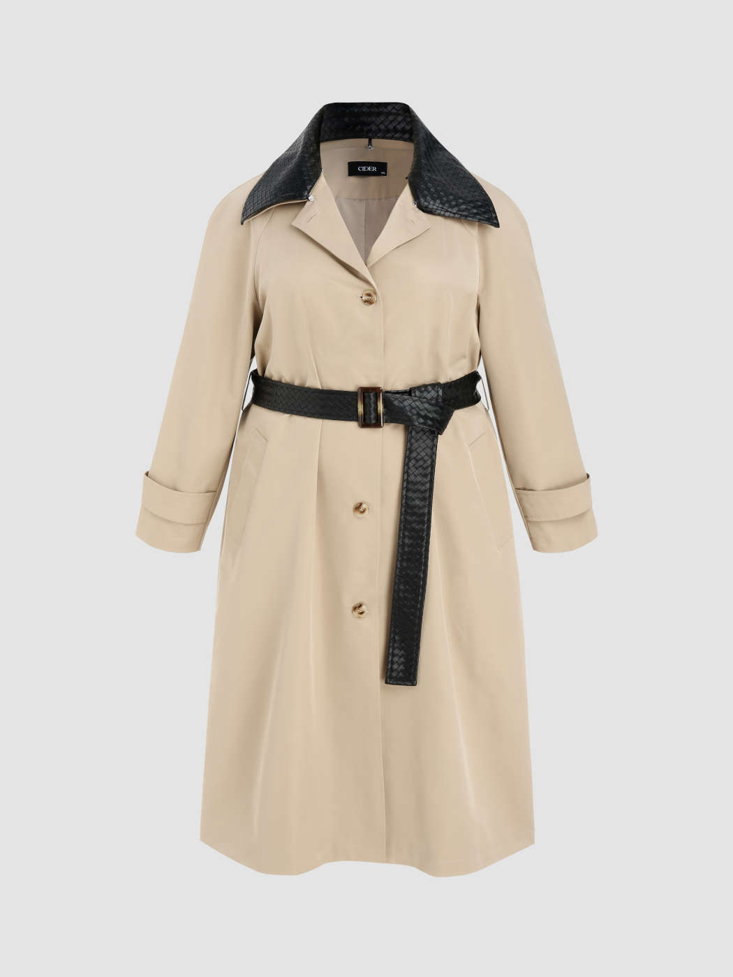 Collar Pocket Button Trench Coat With Belt Curve Plus For Daily