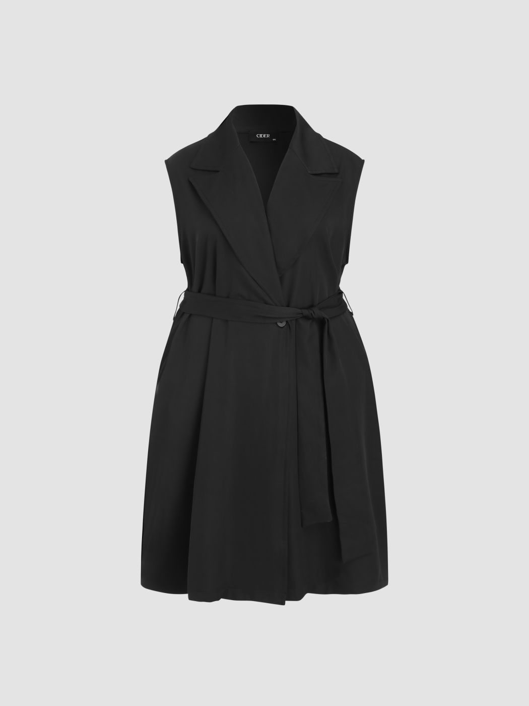 Collar Solid Belted Pocket Coat Vest Curve & Plus
